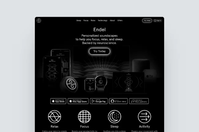 Endel - Screenshot Homepage