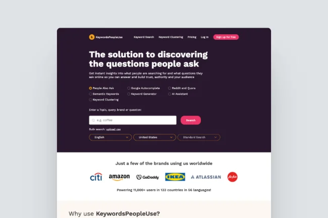 Keywords people use - Screenshot Homepage