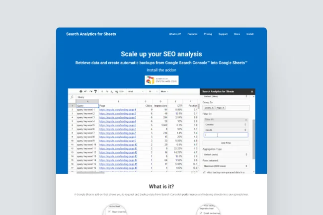 Search Analytics for Sheets - Screenshot Homepage